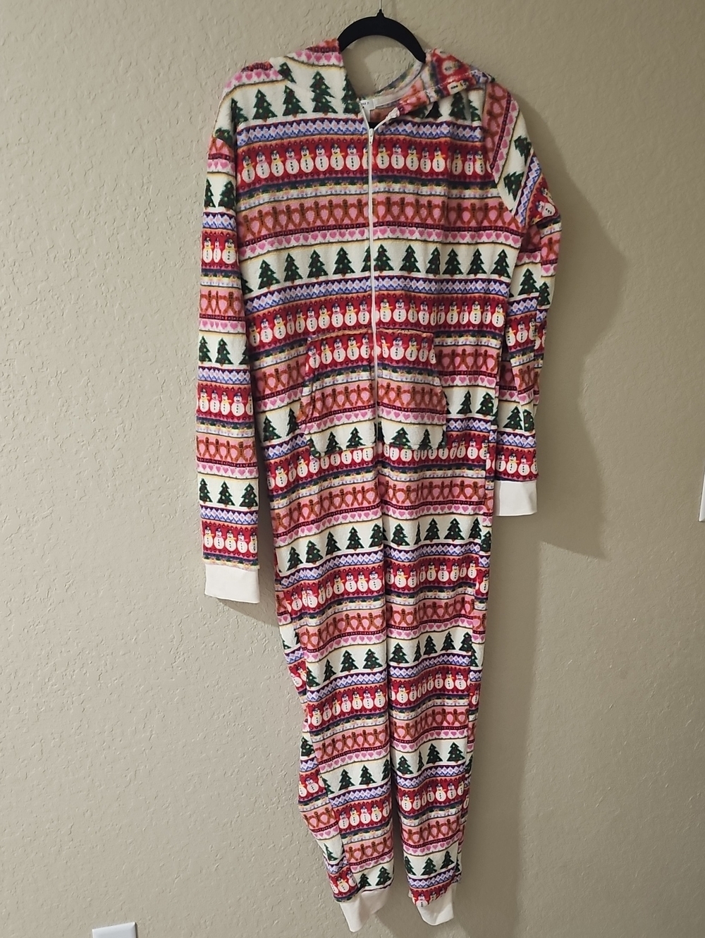 Women's Holiday Tree & Snowman Fleece Pajama Onesie - Red/Green